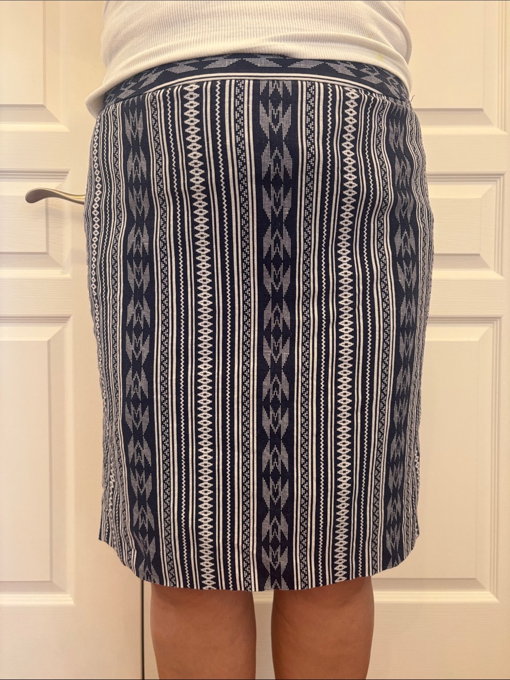 Nine West Navy and White Aztec-Stripe Pencil Skirt